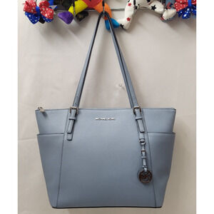 Michael Kors Jet Set Blue Leather Double Handles Zipper Tote Bag